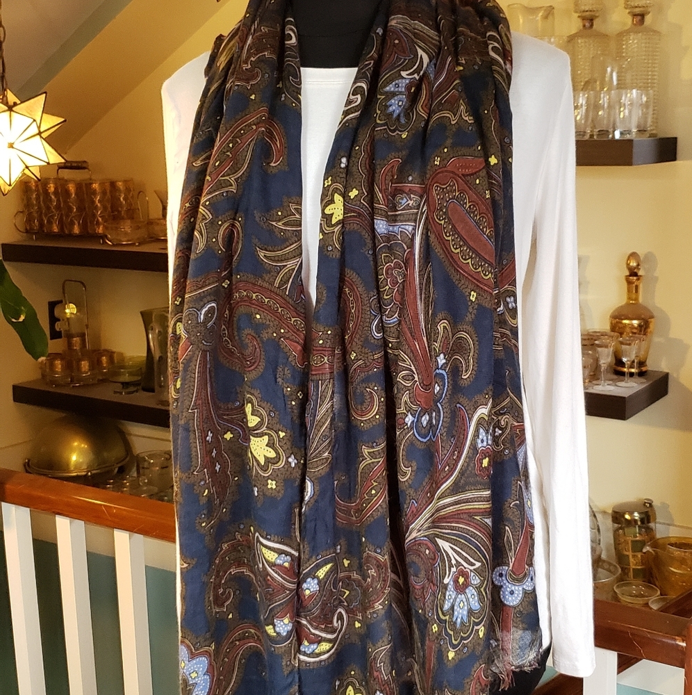 Large Sheer Blue Paisley Shawl With Raw Fringe Edge